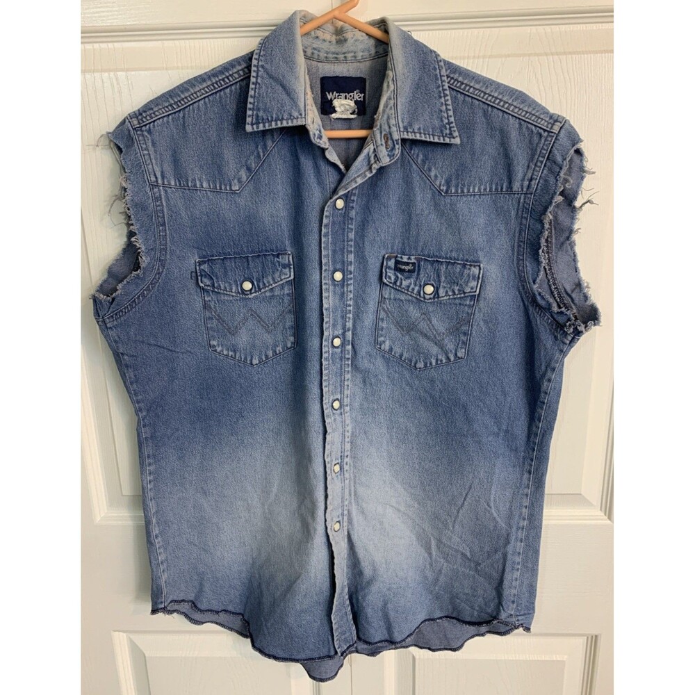 Wrangler Distressed Cut Off Sleeve Denim Shirt XL Western USA Vintage y2k Chore